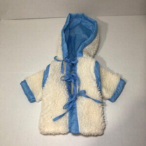 Vintage Doll Coat Hooded Faux Sherpa Trimmed Blue Ties Cabbage Patch?